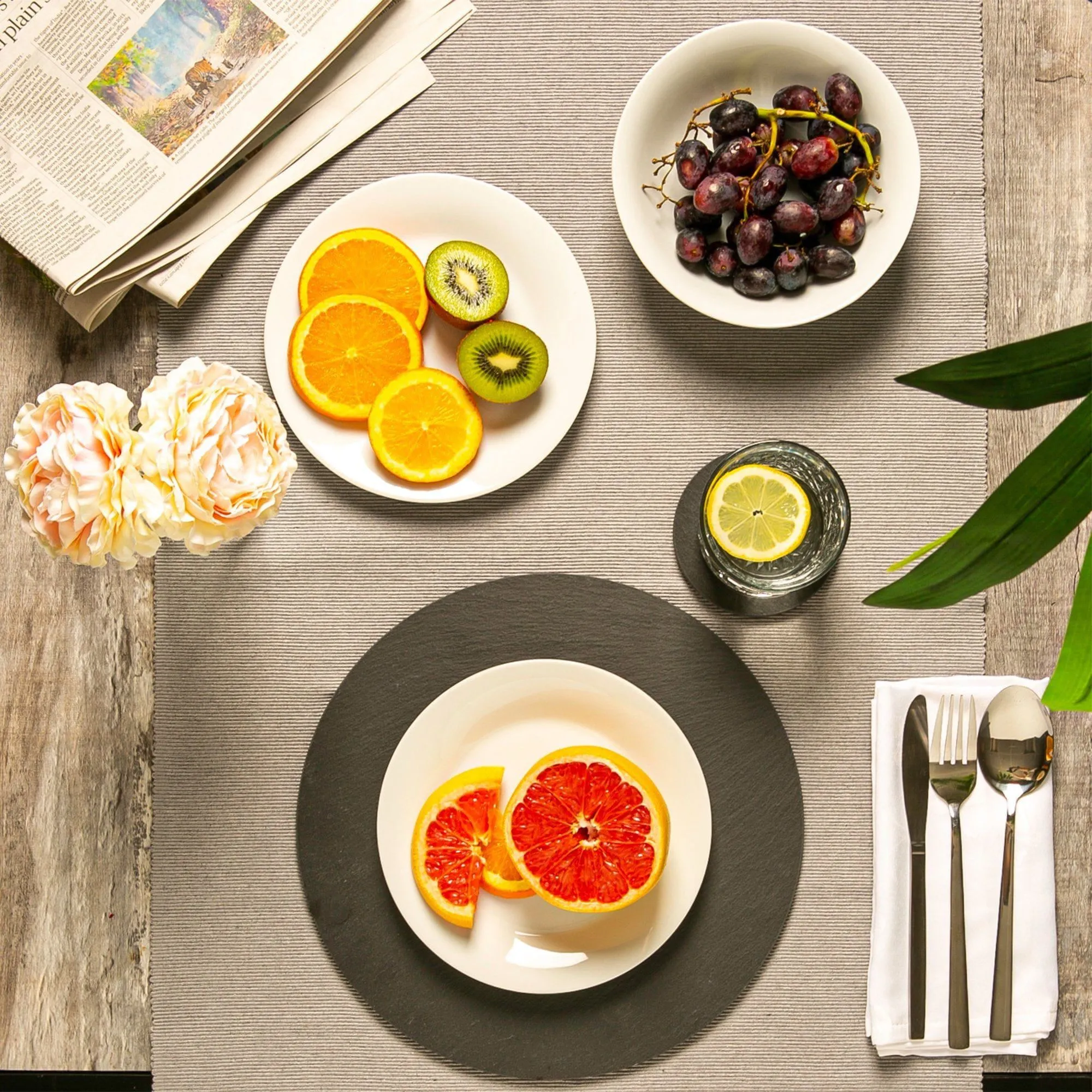 30cm Black Round Linea Slate Placemats - Pack of Six - By Argon Tableware