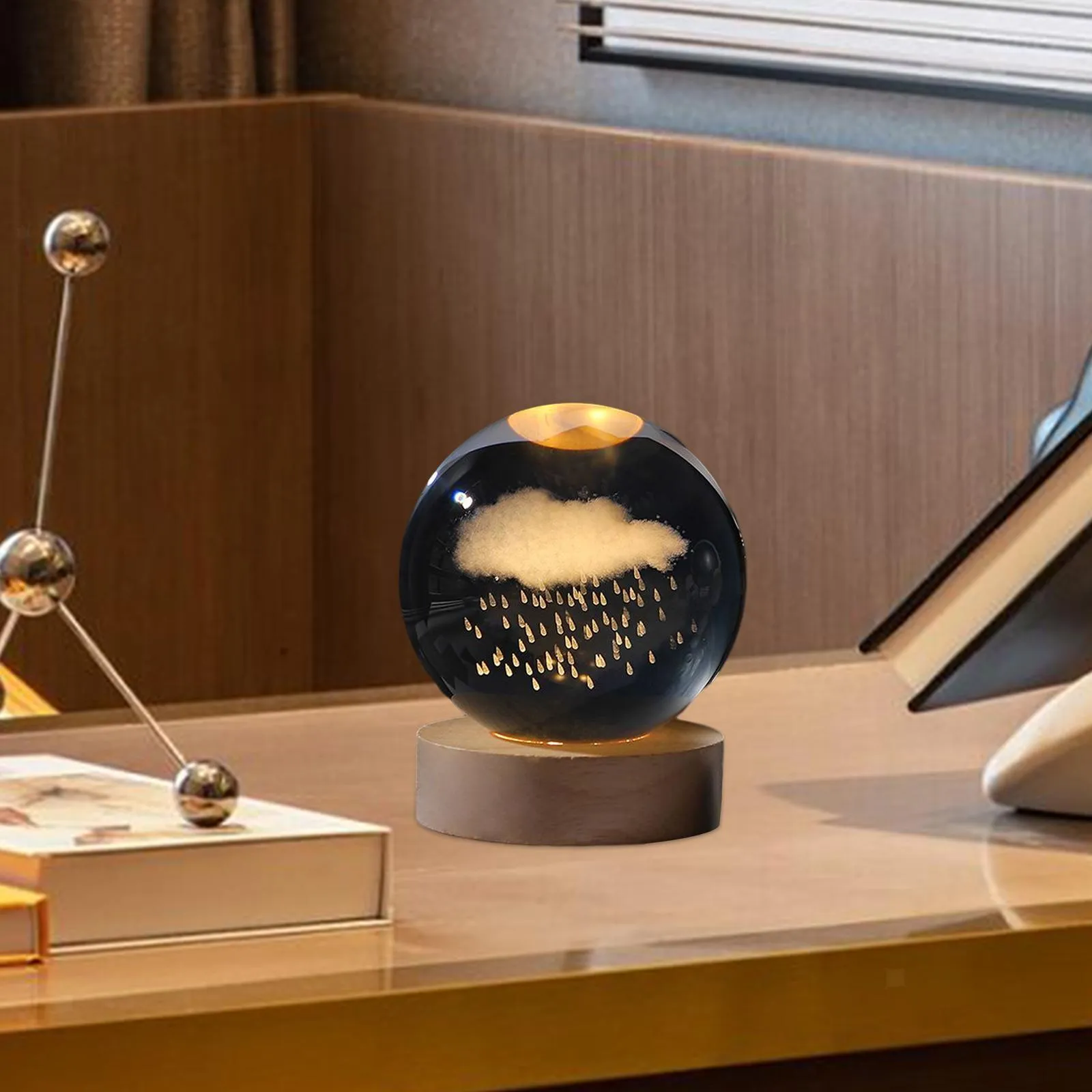 3D Crystal Cloud With Warm Led with Wood Base