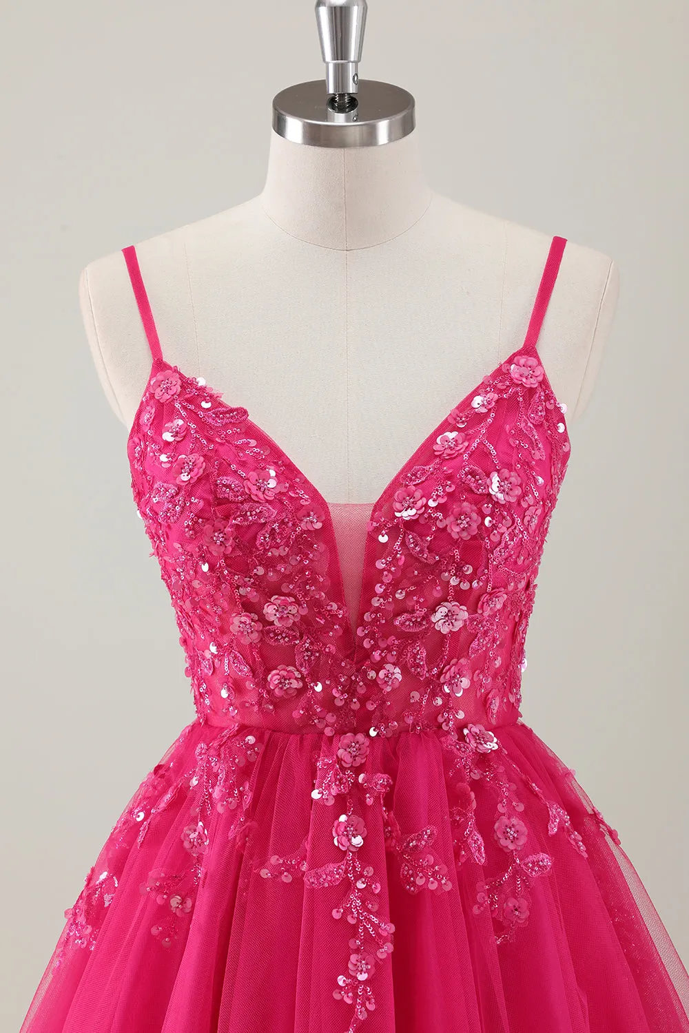 A Line Tulle Fuchsia Floral Sequin Homecoming Dress