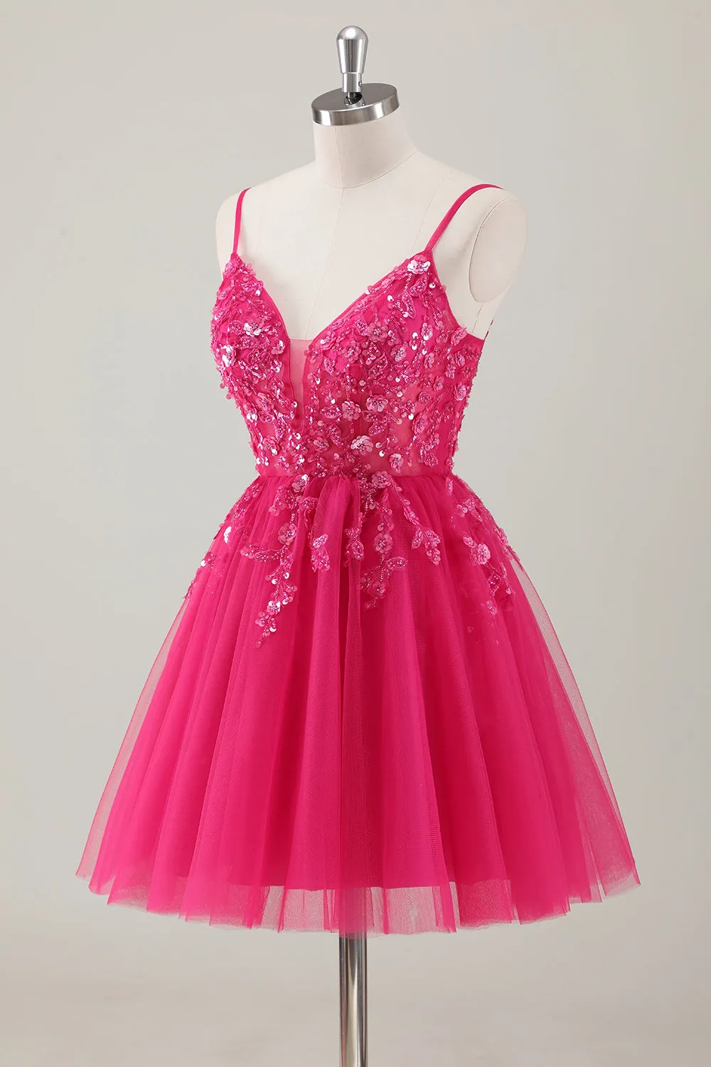 A Line Tulle Fuchsia Floral Sequin Homecoming Dress
