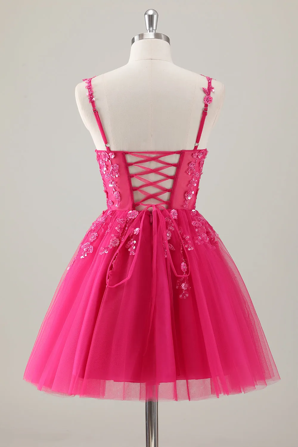 A Line Tulle Fuchsia Floral Sequin Homecoming Dress