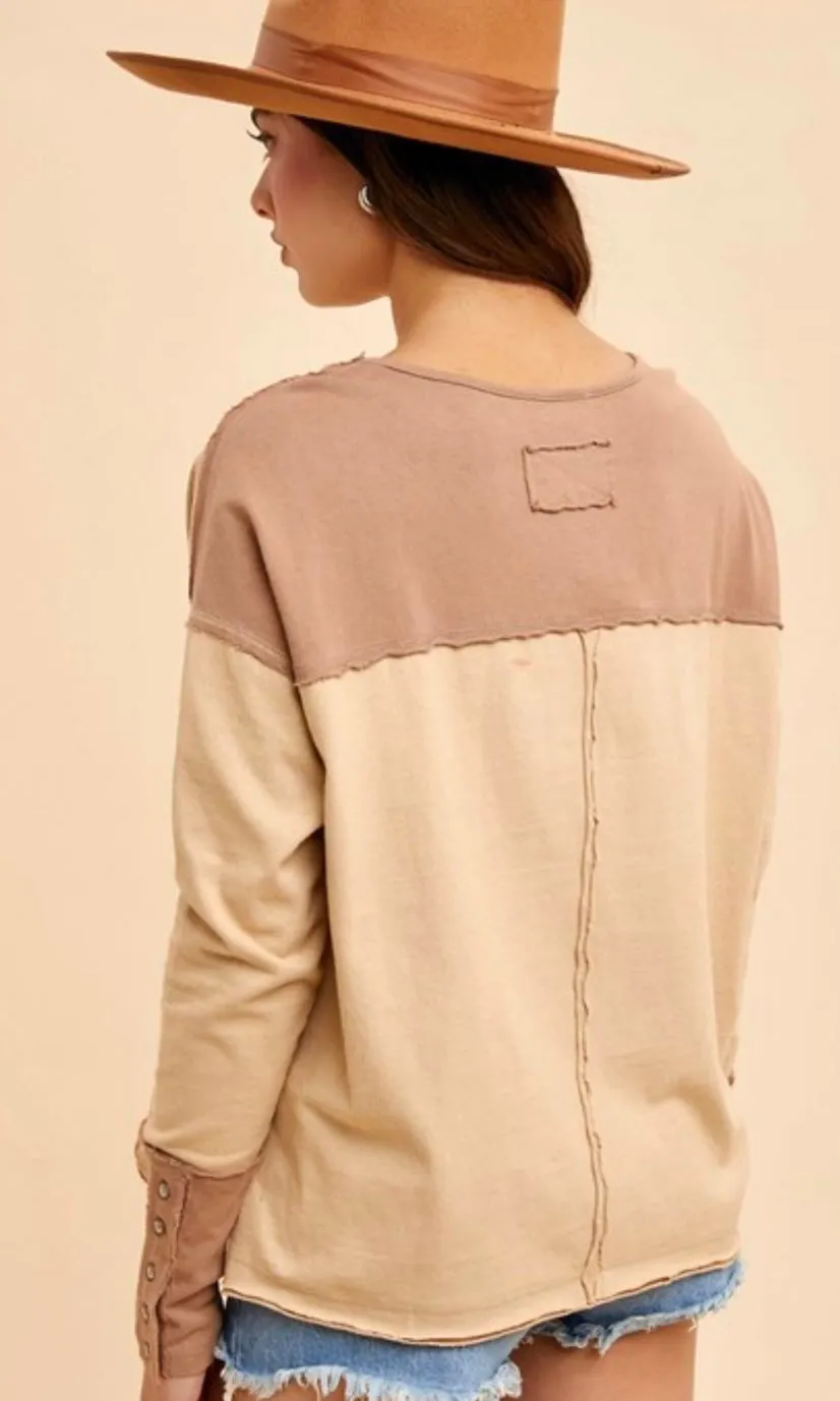 Alan Oatmeal Washed Cotton Button Cuff Knit Top