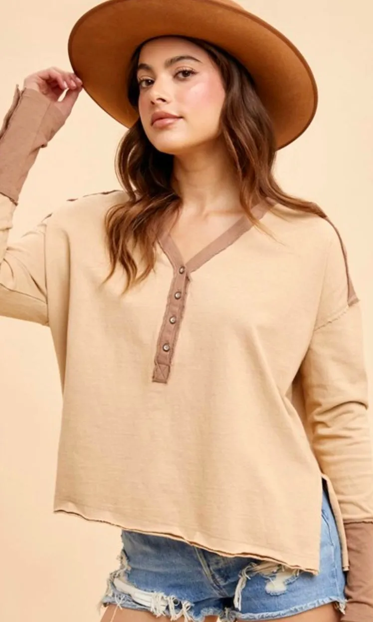 Alan Oatmeal Washed Cotton Button Cuff Knit Top