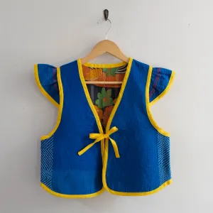 Amelia Flutter Sleeve Vest Blue with Yellow Trim S012