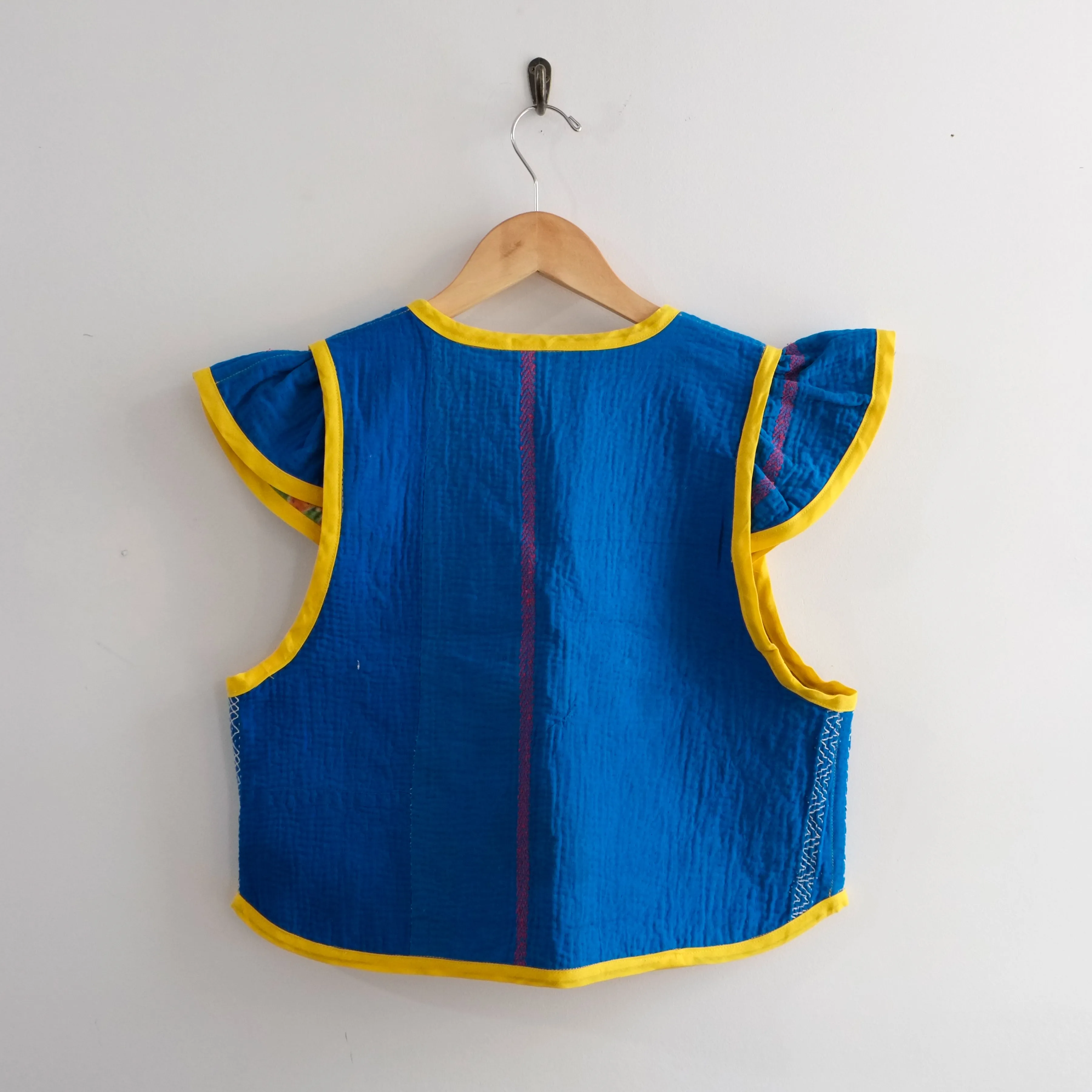 Amelia Flutter Sleeve Vest Blue with Yellow Trim S012