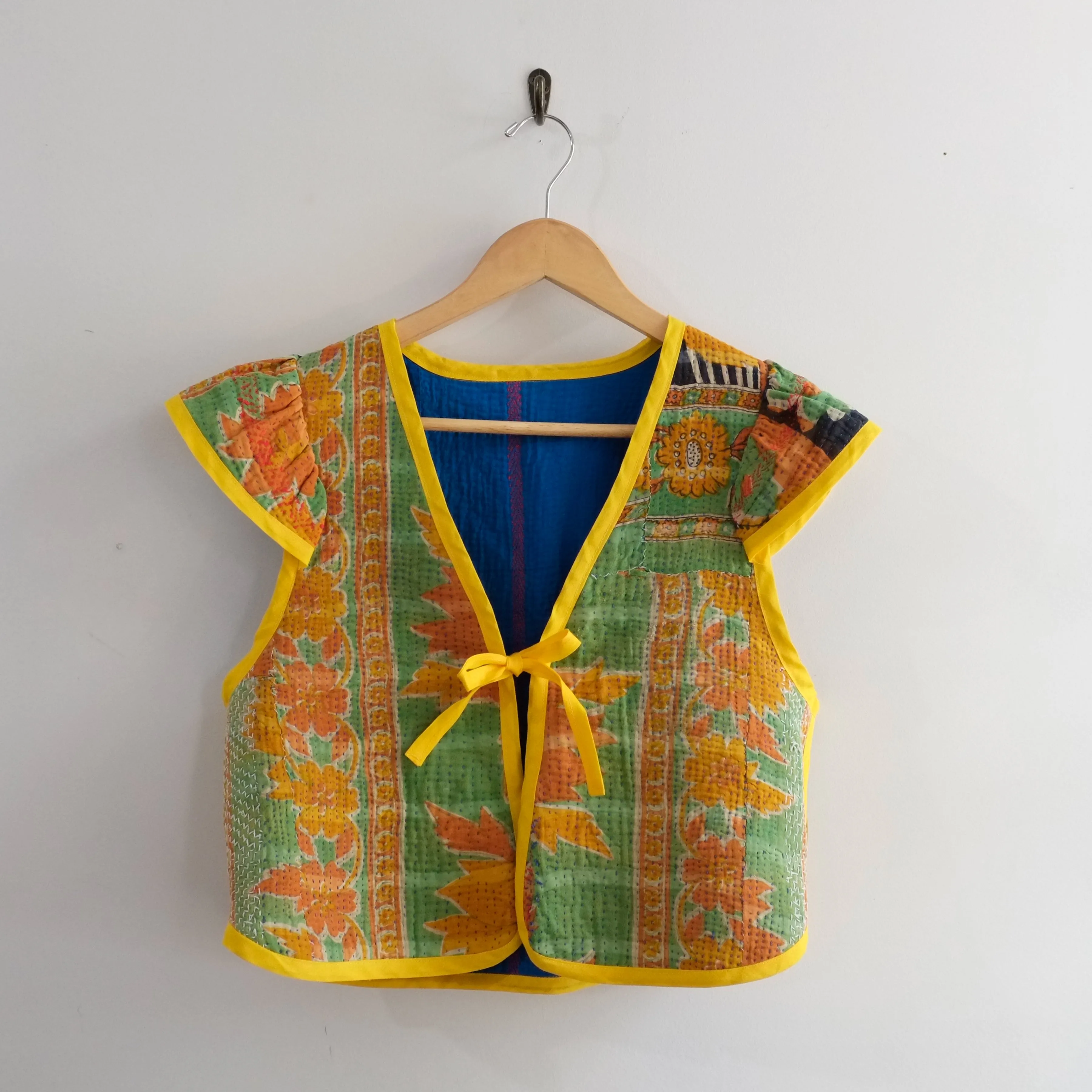 Amelia Flutter Sleeve Vest Blue with Yellow Trim S012