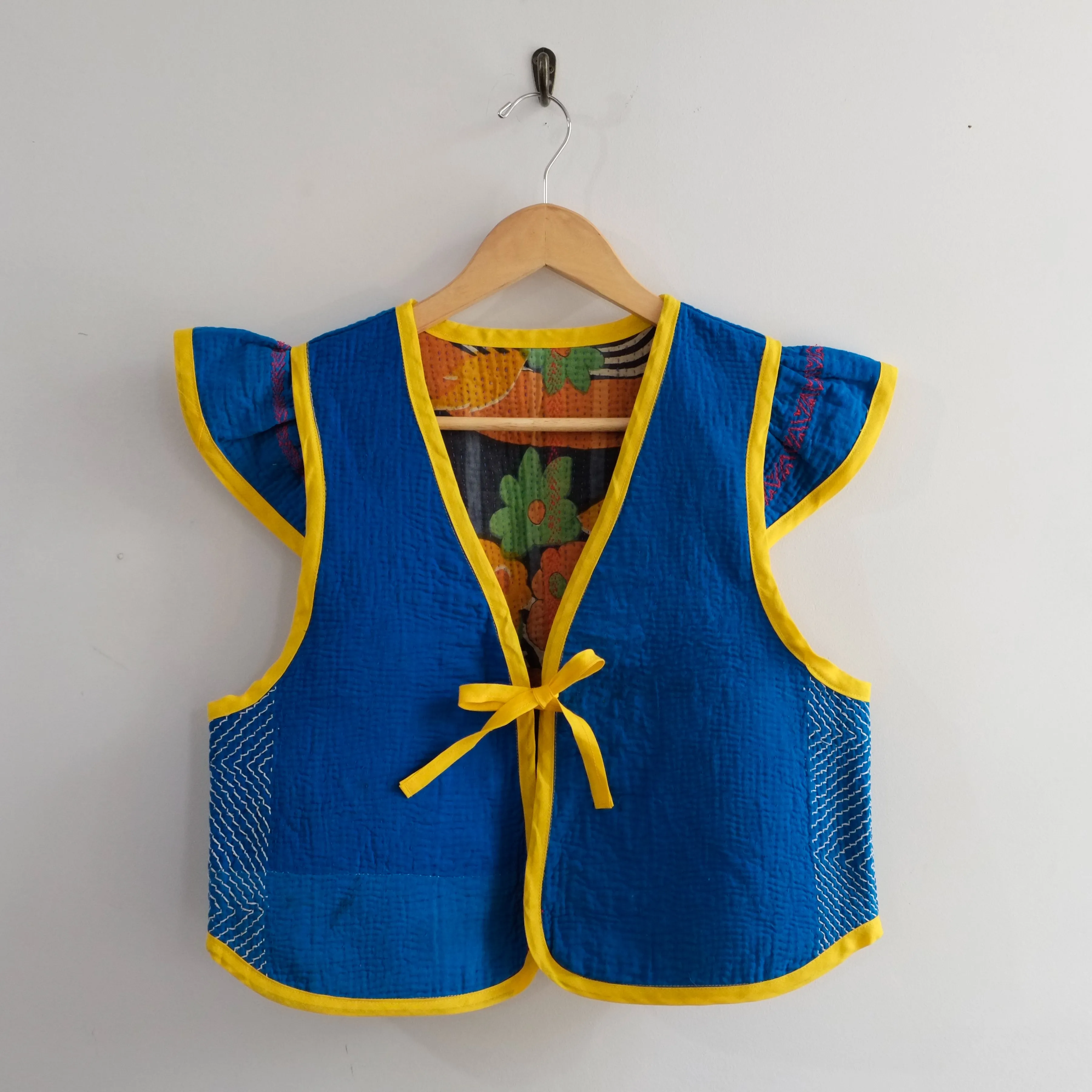 Amelia Flutter Sleeve Vest Blue with Yellow Trim S012