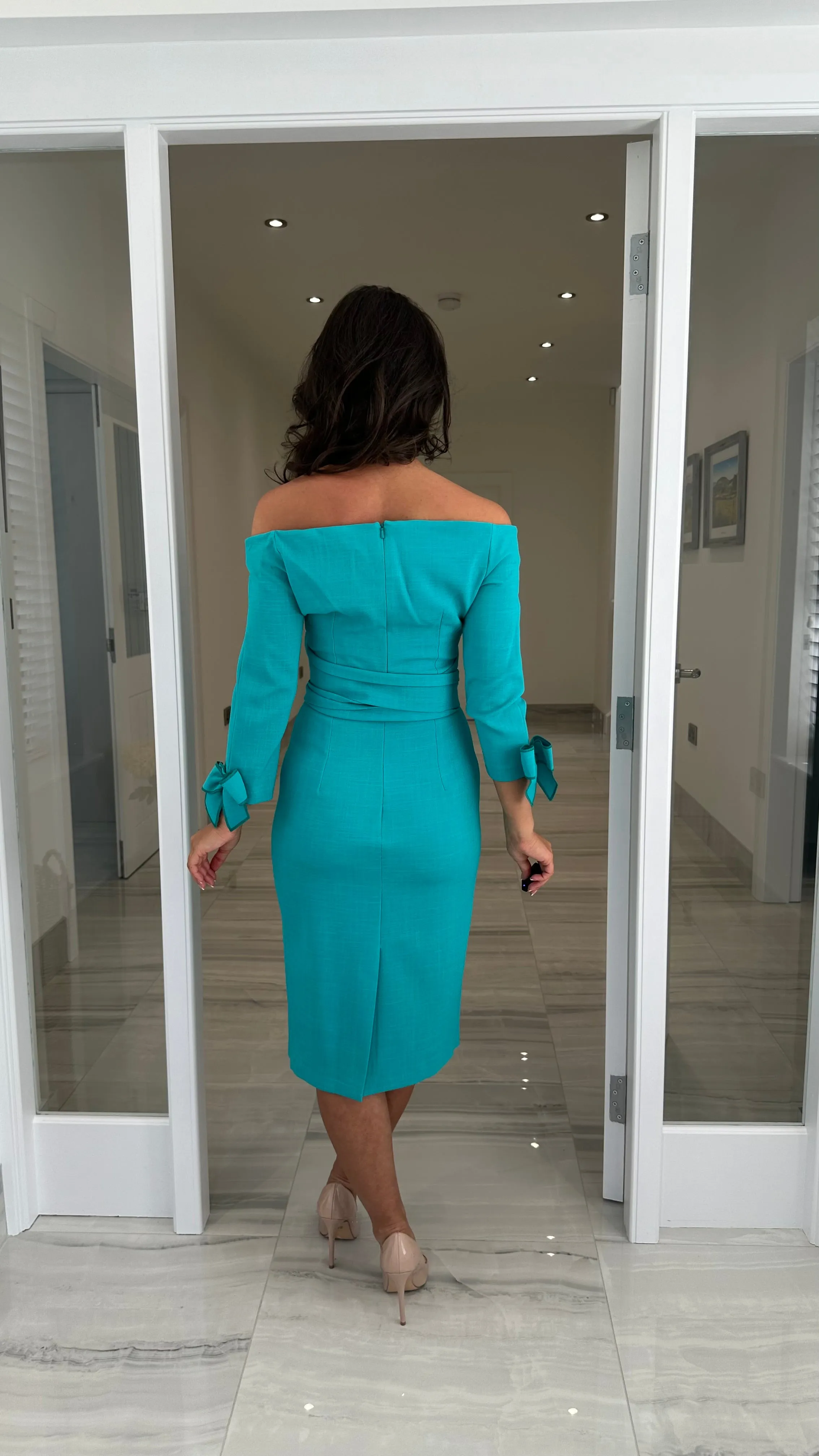 Bardot Style Midi Wedding Guest Dress In Aqua Green