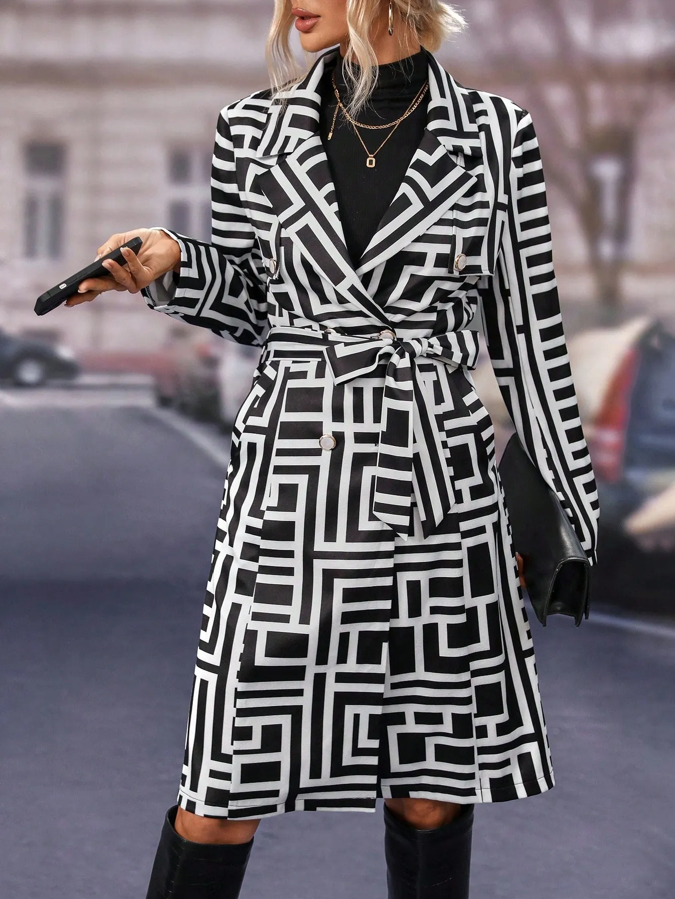 Black White Random Printed Belted Single Button Knee Length Coat for Women