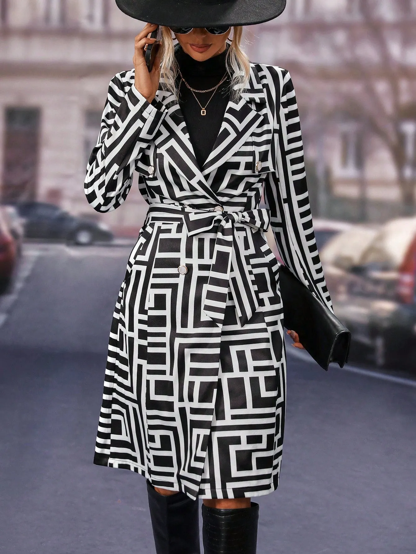 Black White Random Printed Belted Single Button Knee Length Coat for Women