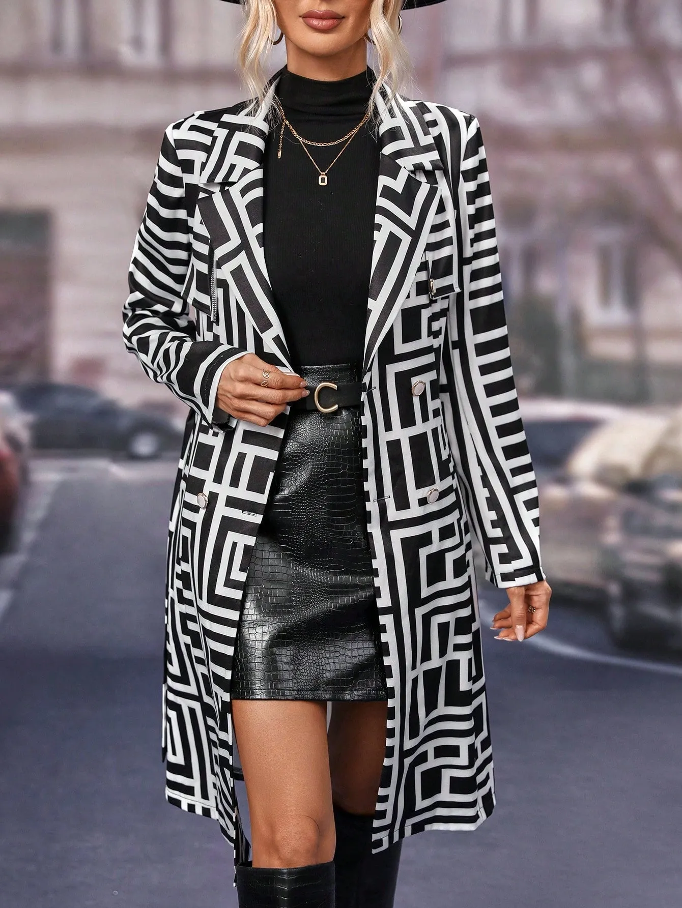 Black White Random Printed Belted Single Button Knee Length Coat for Women