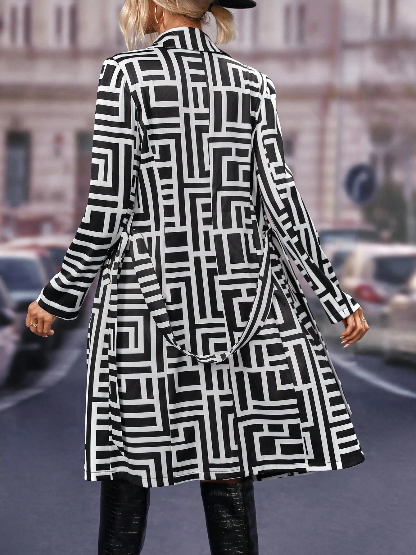 Black White Random Printed Belted Single Button Knee Length Coat for Women
