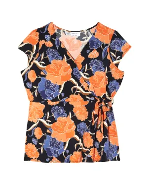 Branwen Short Sleeve Faux Wrap Tee | Navy / Coral