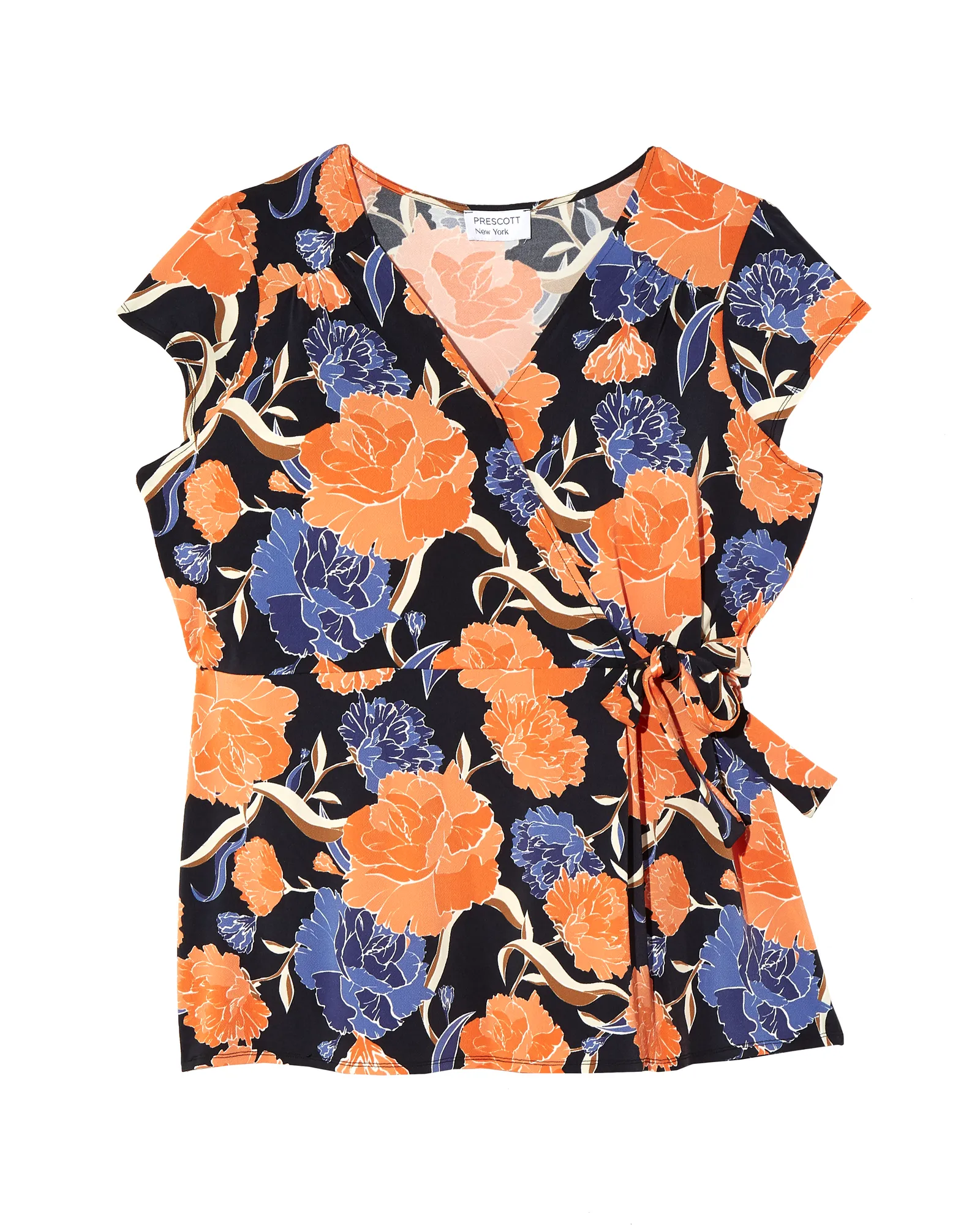 Branwen Short Sleeve Faux Wrap Tee | Navy / Coral
