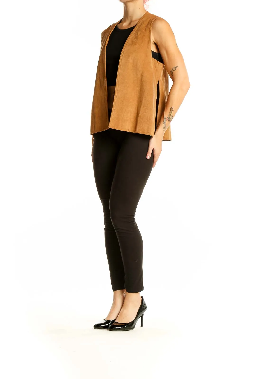 Camel Suede Open Front Vest