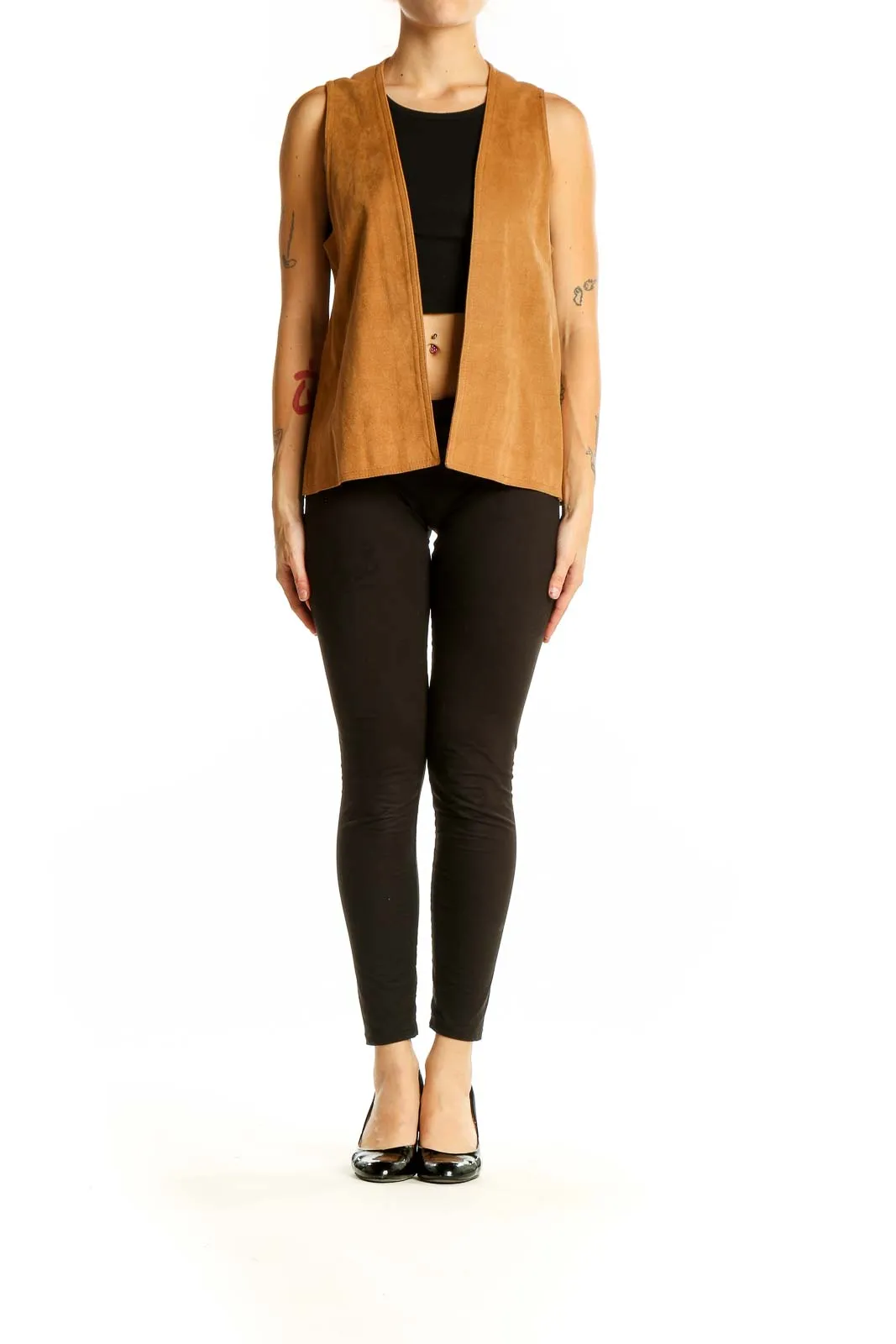 Camel Suede Open Front Vest