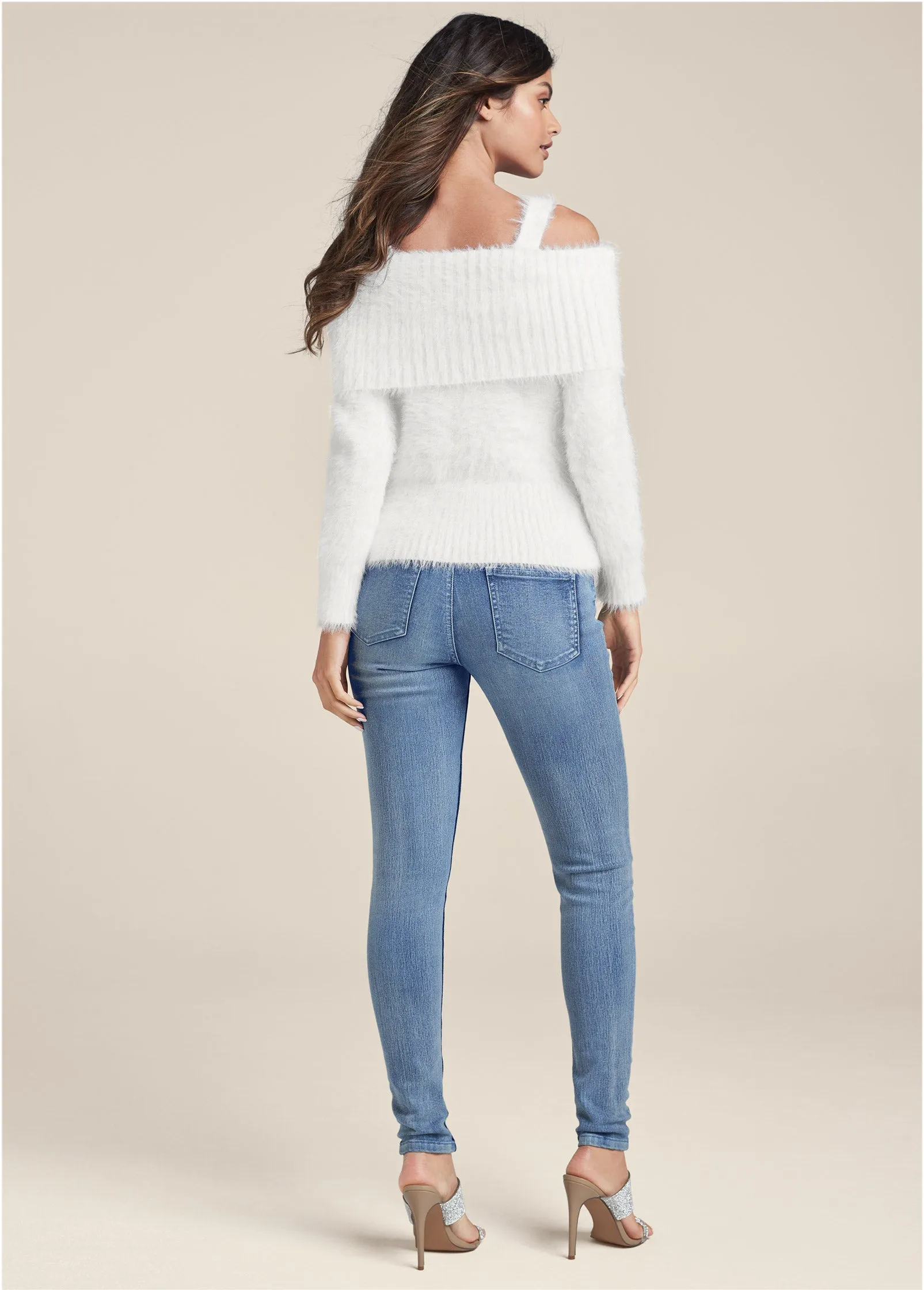 Chain Detail Cold-Shoulder Sweater - Off White