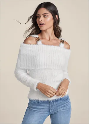Chain Detail Cold-Shoulder Sweater - Off White