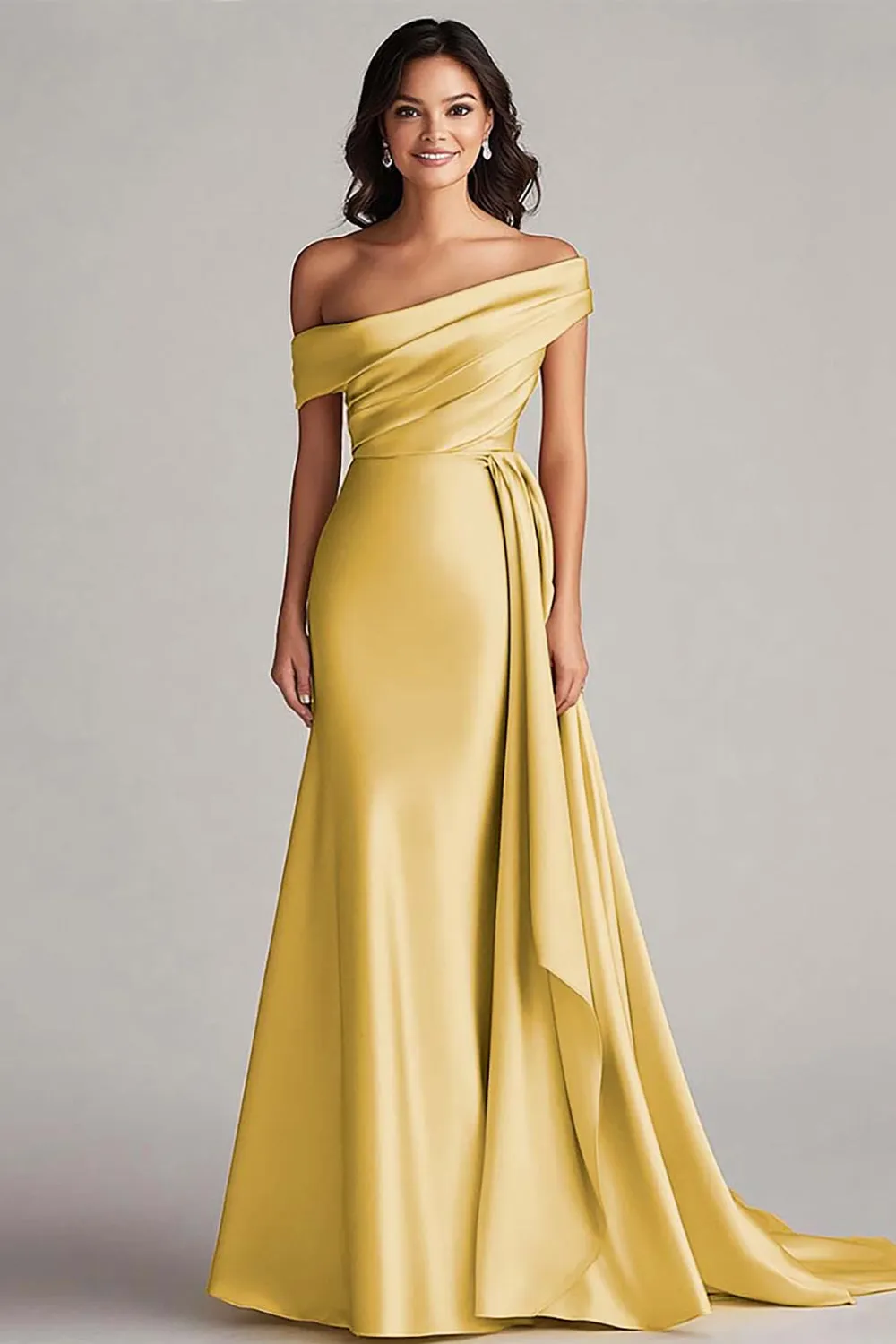 Champagne One Shoulder Satin Formal Dress with Sash