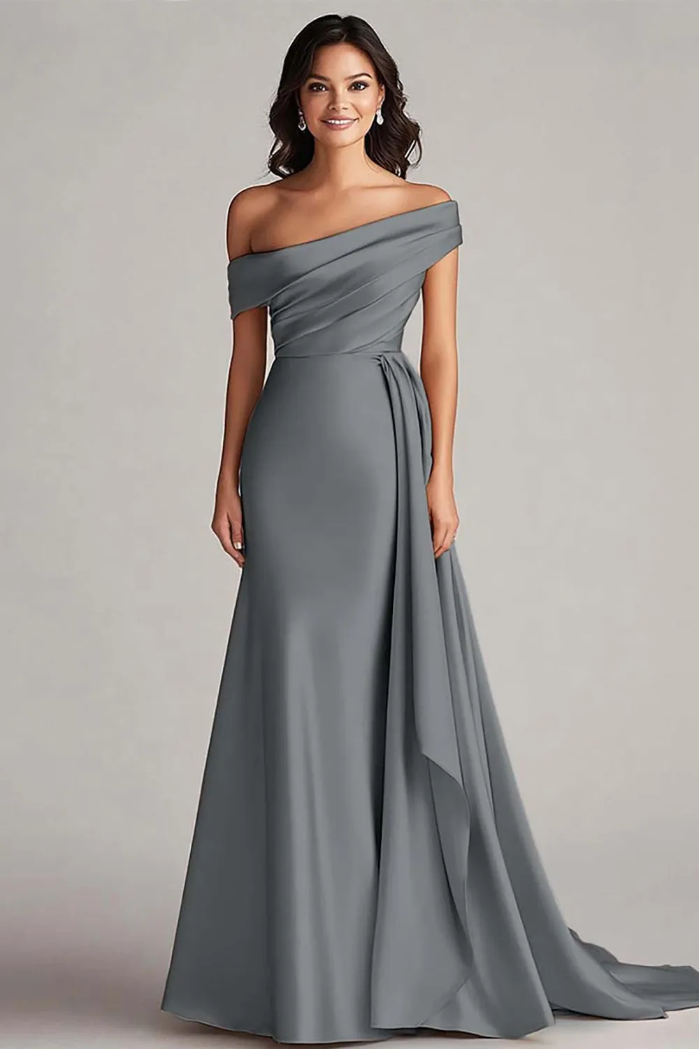 Champagne One Shoulder Satin Formal Dress with Sash