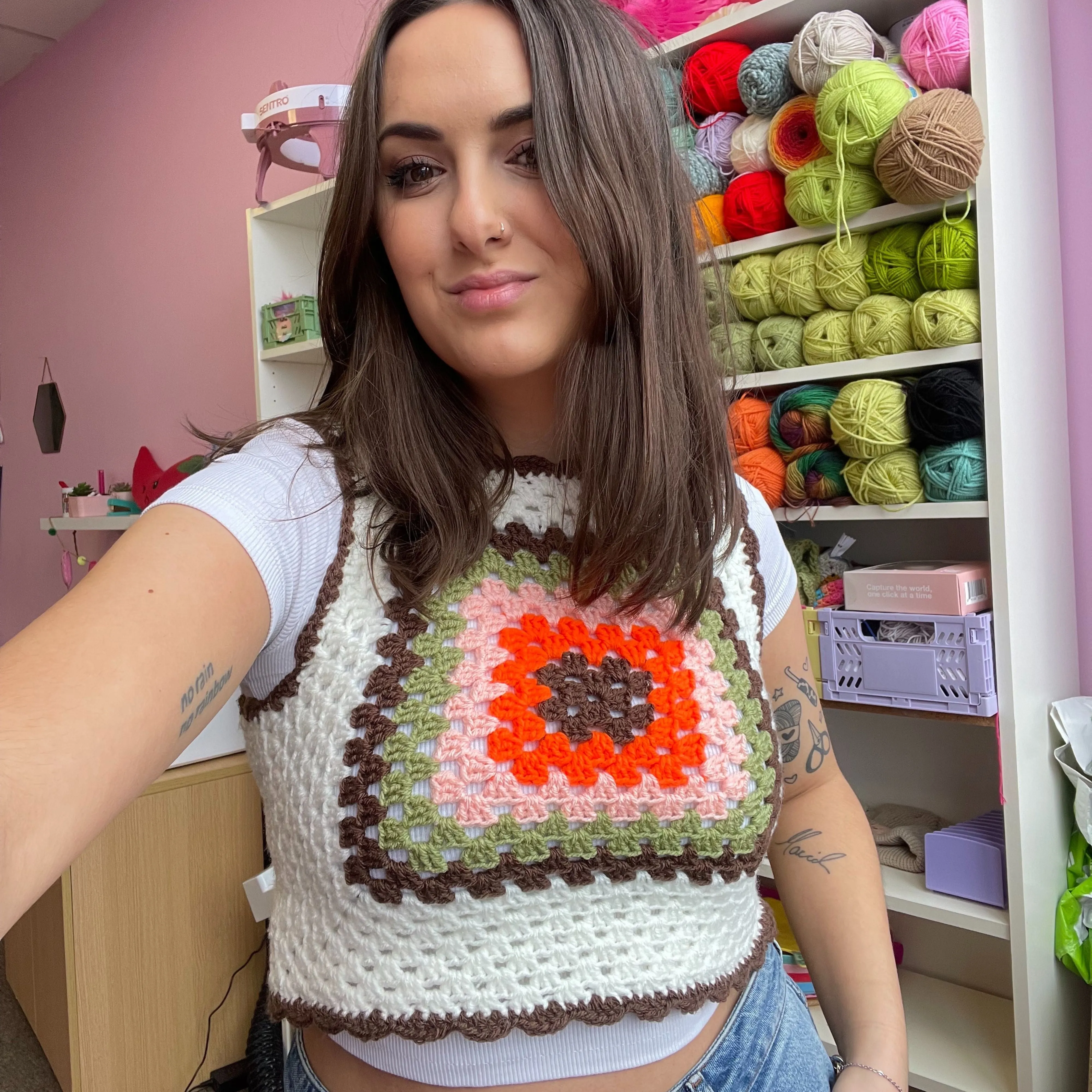 Classic 70s Style Cream Granny Square Crochet Vest