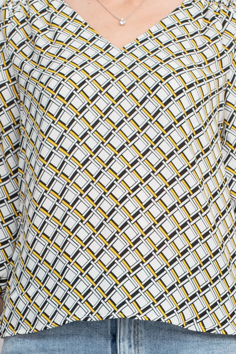 Counterparts V-Neck Elastic Shoulder Detail Elastic Cuff Multi Print Crepe Top