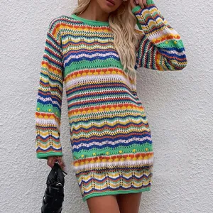 Crewneck Rainbow Striped Knit Sweater