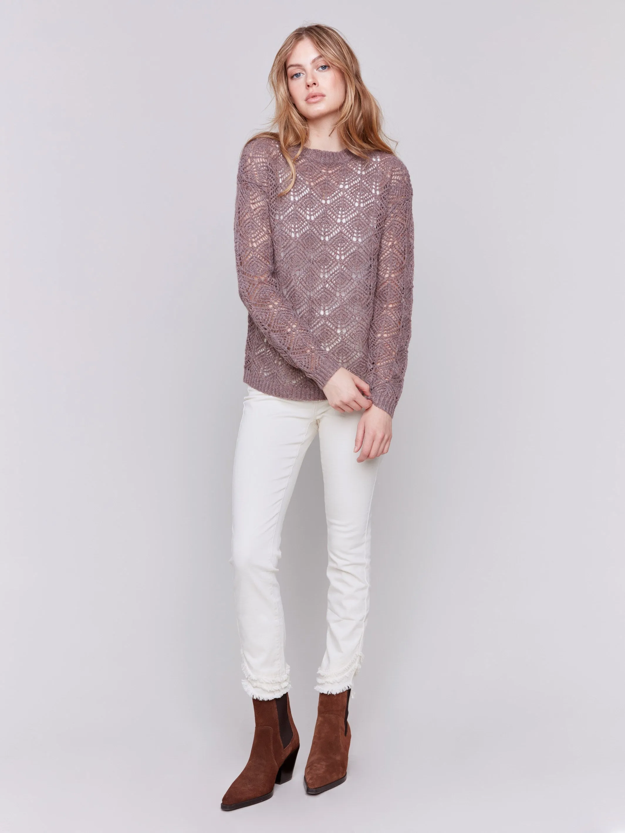 Crochet Knit Sweater - Taupe - H-Taupe