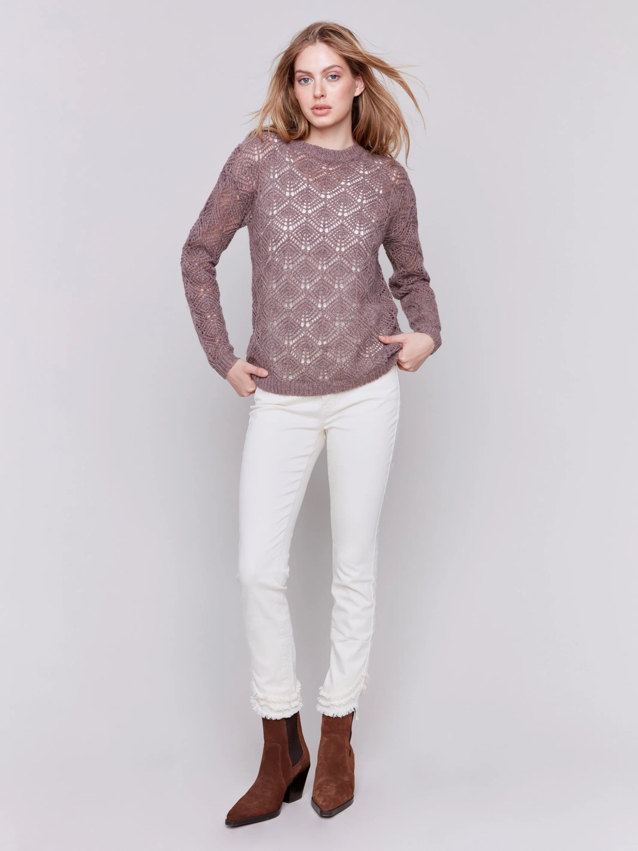 Crochet Knit Sweater - Taupe - H-Taupe
