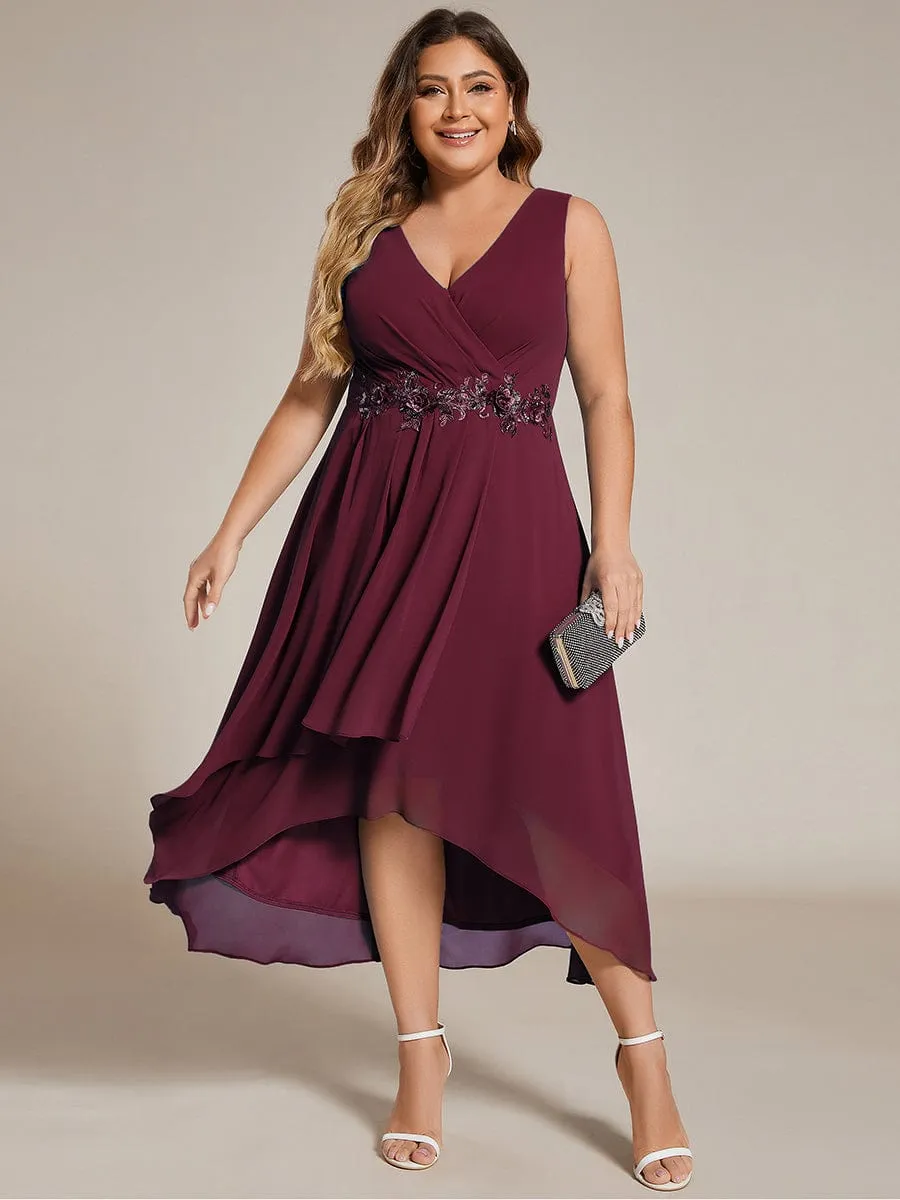Elise | Sleeveless V-Neck High Low Plus Size Wedding Guest Dress with Floral Applique