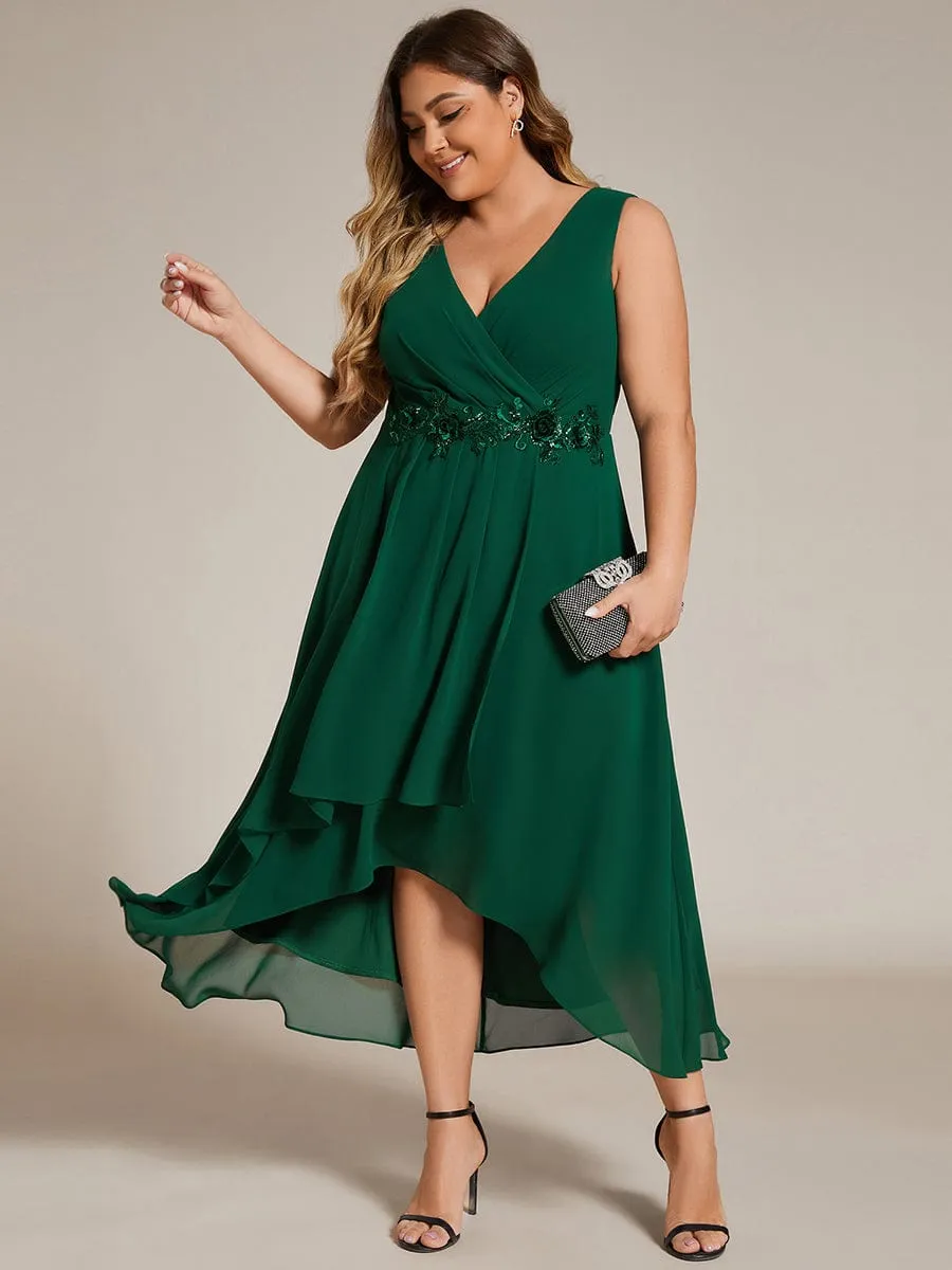 Elise | Sleeveless V-Neck High Low Plus Size Wedding Guest Dress with Floral Applique