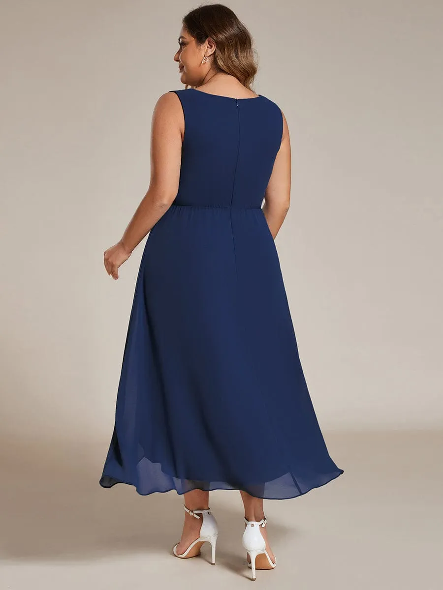 Elise | Sleeveless V-Neck High Low Plus Size Wedding Guest Dress with Floral Applique