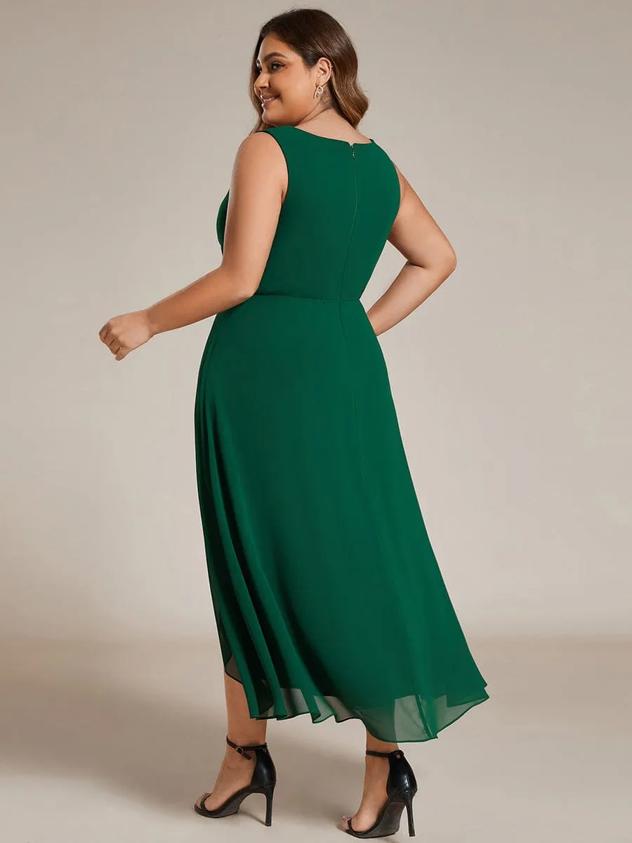 Elise | Sleeveless V-Neck High Low Plus Size Wedding Guest Dress with Floral Applique