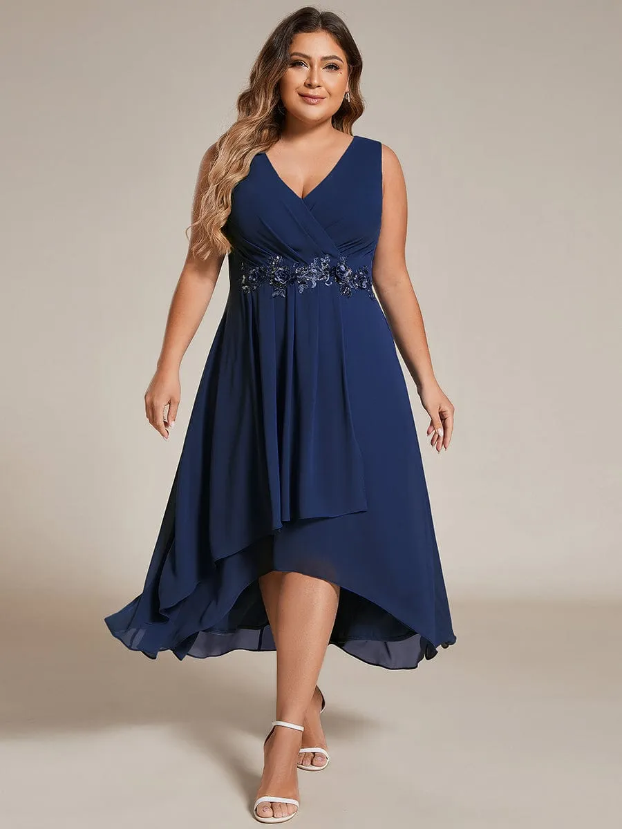 Elise | Sleeveless V-Neck High Low Plus Size Wedding Guest Dress with Floral Applique
