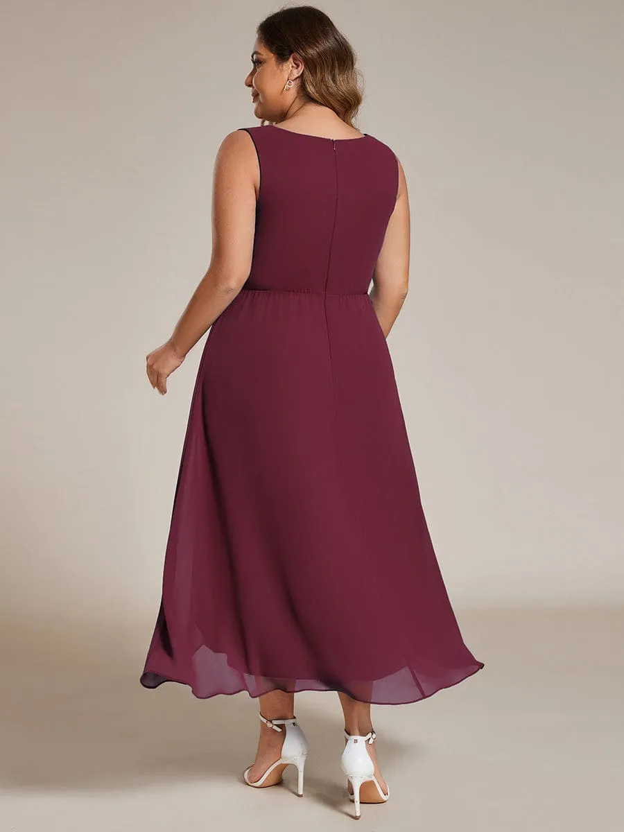 Elise | Sleeveless V-Neck High Low Plus Size Wedding Guest Dress with Floral Applique