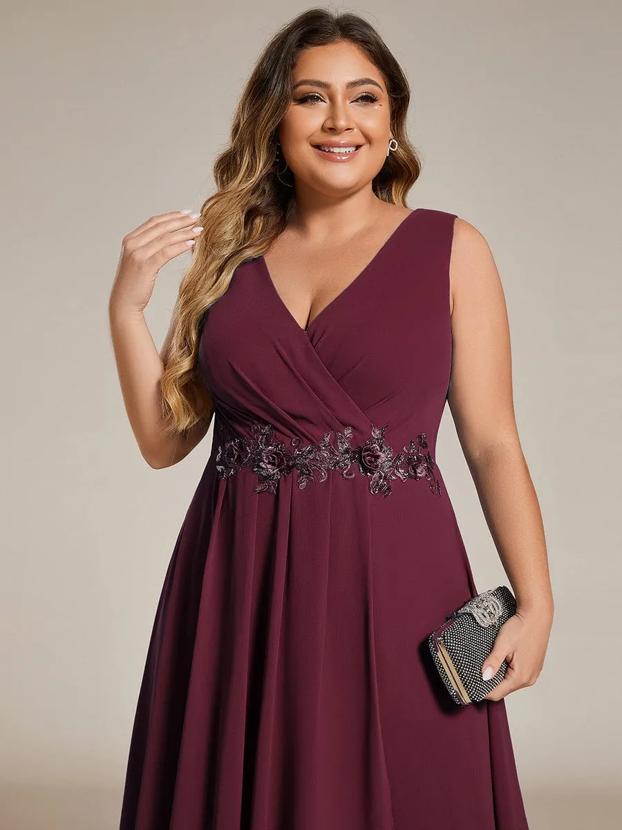 Elise | Sleeveless V-Neck High Low Plus Size Wedding Guest Dress with Floral Applique