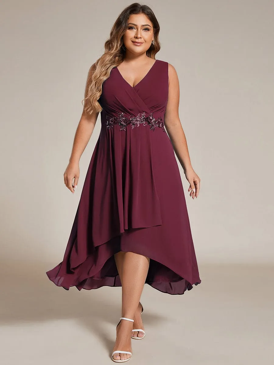 Elise | Sleeveless V-Neck High Low Plus Size Wedding Guest Dress with Floral Applique