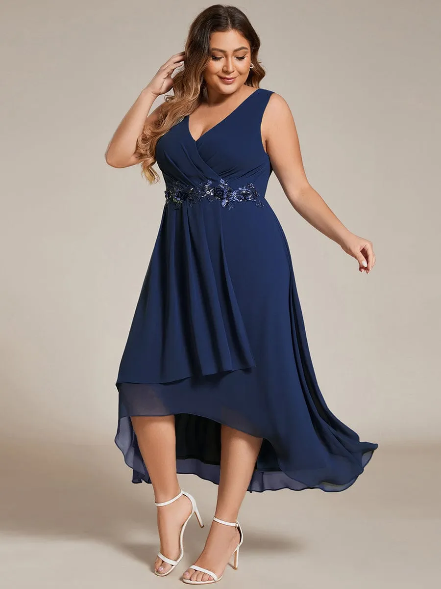 Elise | Sleeveless V-Neck High Low Plus Size Wedding Guest Dress with Floral Applique