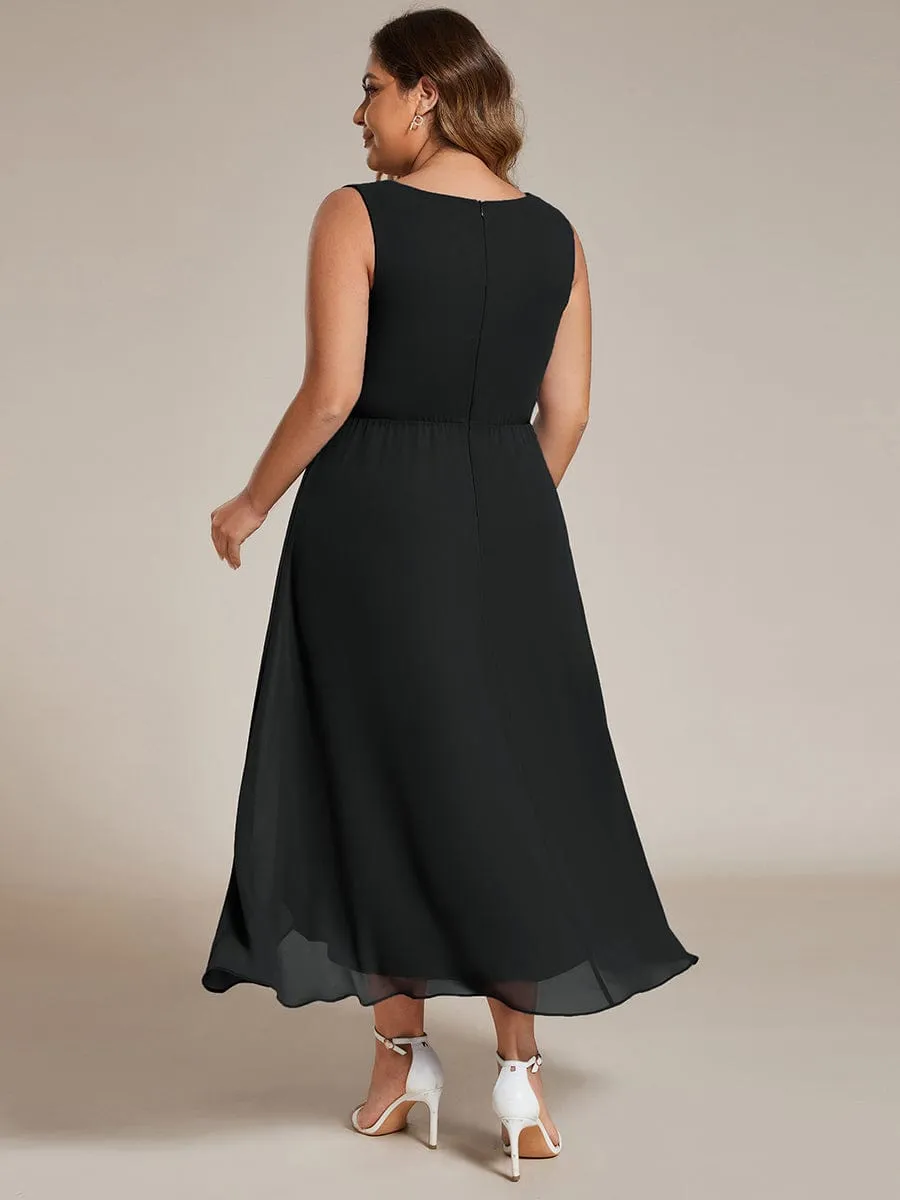 Elise | Sleeveless V-Neck High Low Plus Size Wedding Guest Dress with Floral Applique