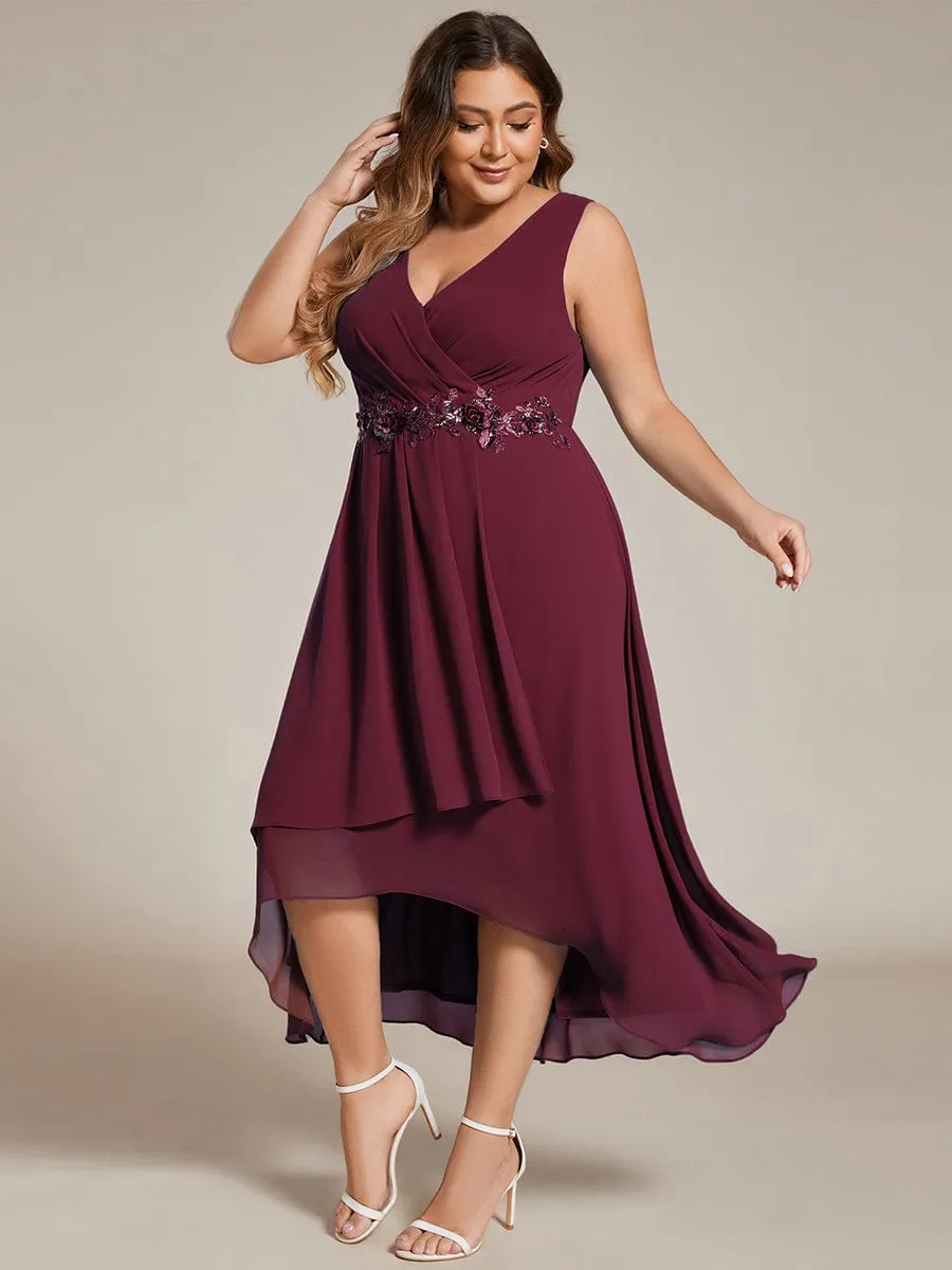 Elise | Sleeveless V-Neck High Low Plus Size Wedding Guest Dress with Floral Applique