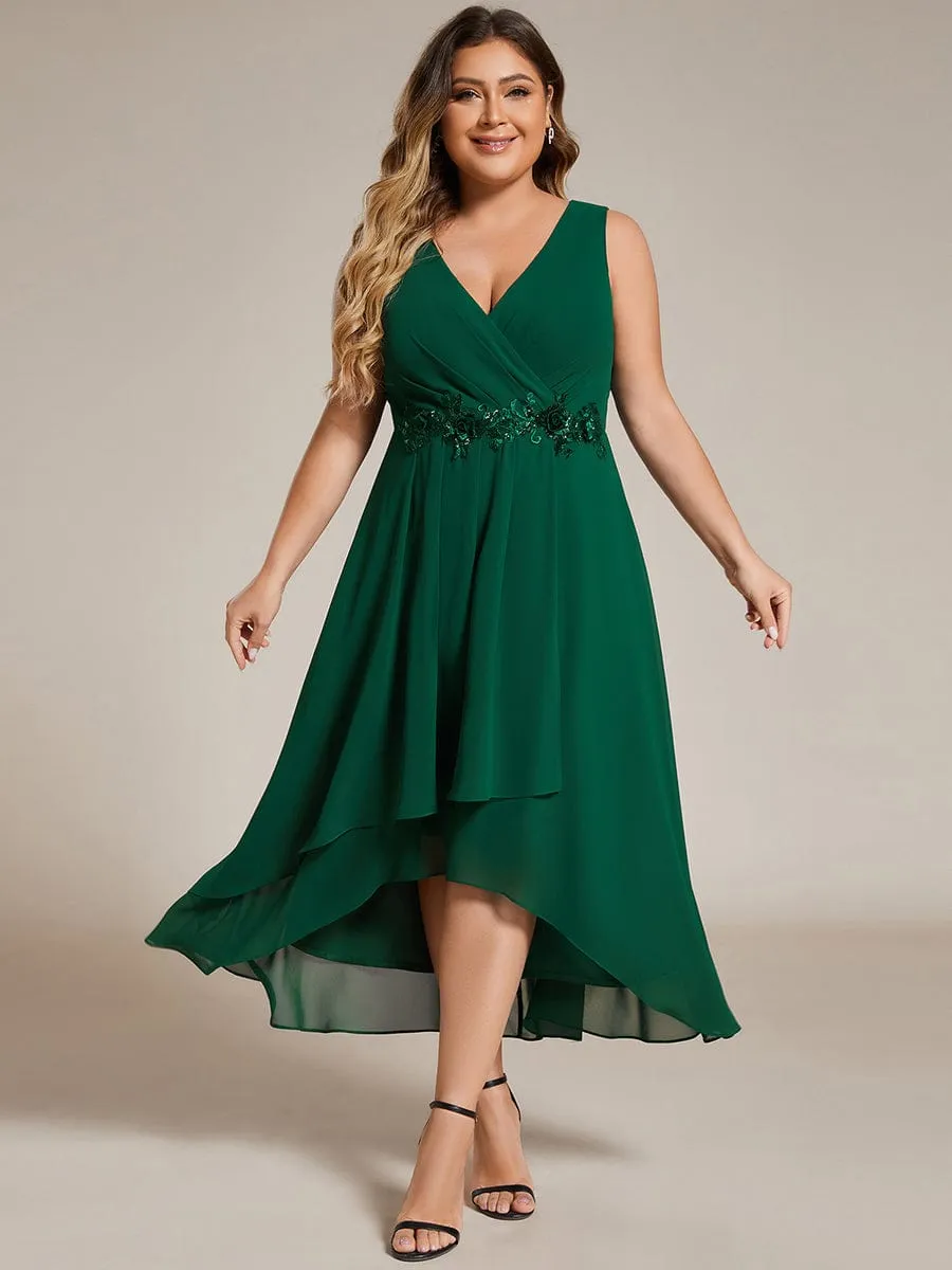 Elise | Sleeveless V-Neck High Low Plus Size Wedding Guest Dress with Floral Applique