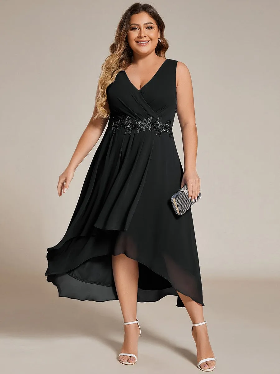 Elise | Sleeveless V-Neck High Low Plus Size Wedding Guest Dress with Floral Applique