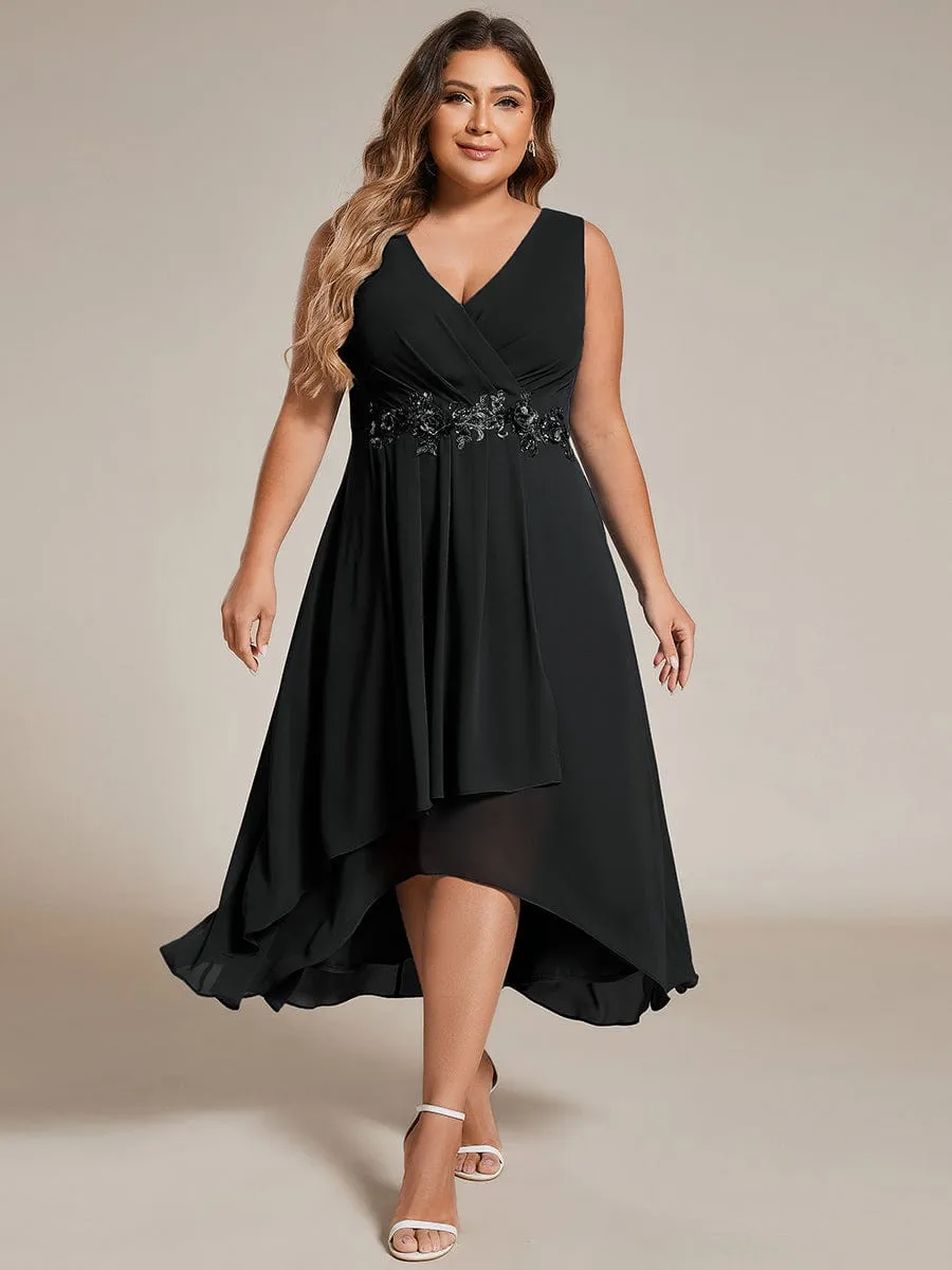 Elise | Sleeveless V-Neck High Low Plus Size Wedding Guest Dress with Floral Applique