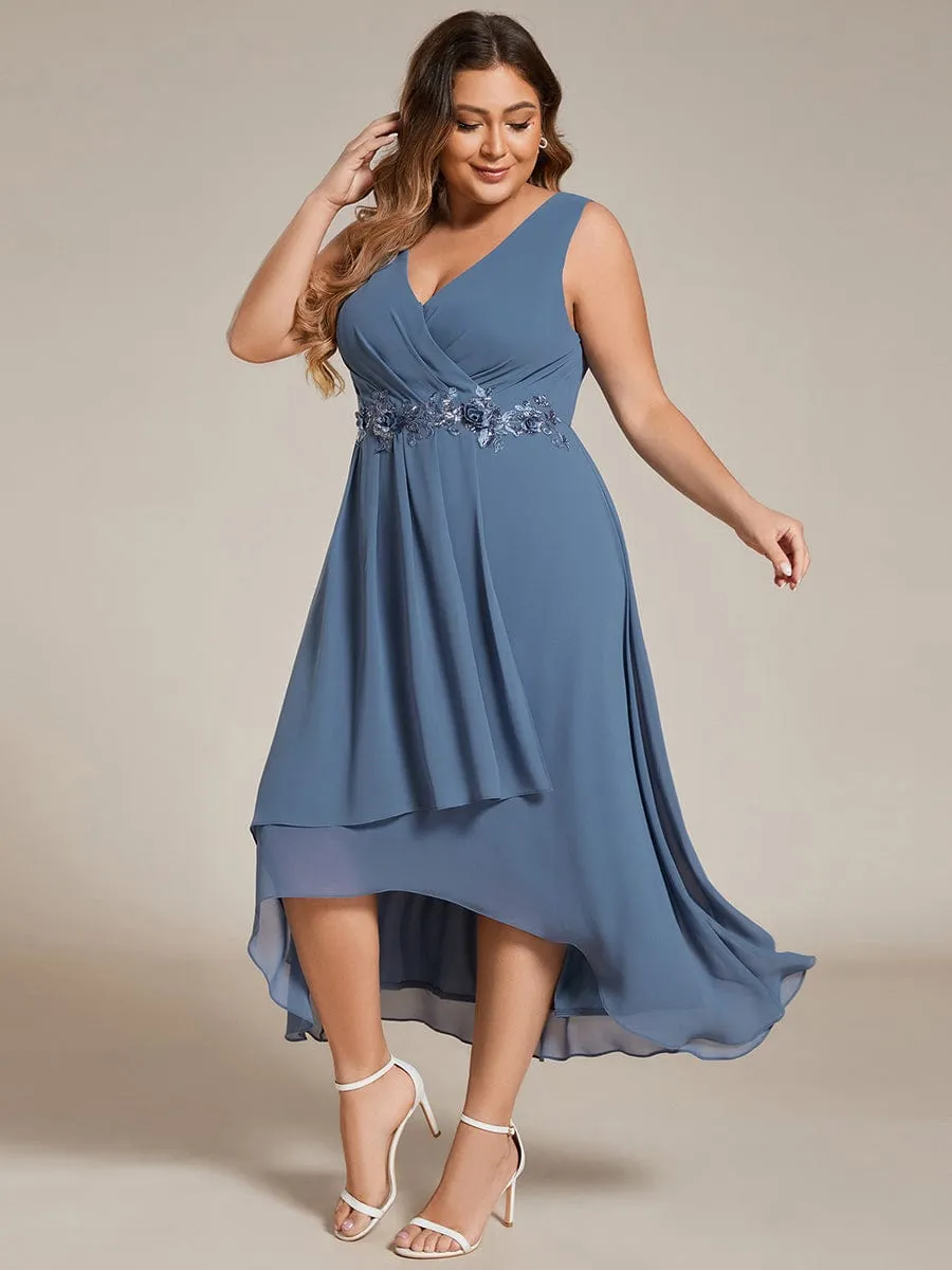Elise | Sleeveless V-Neck High Low Plus Size Wedding Guest Dress with Floral Applique