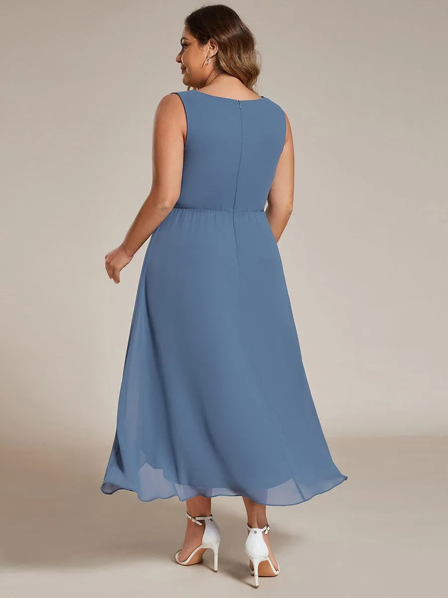 Elise | Sleeveless V-Neck High Low Plus Size Wedding Guest Dress with Floral Applique