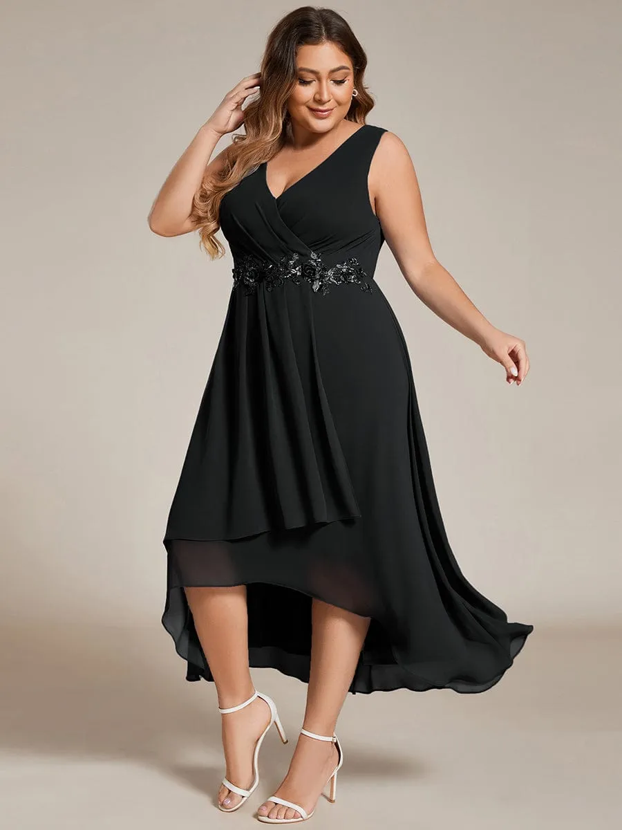 Elise | Sleeveless V-Neck High Low Plus Size Wedding Guest Dress with Floral Applique