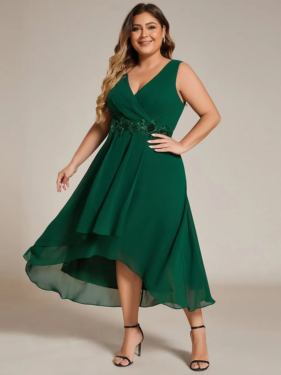 Elise | Sleeveless V-Neck High Low Plus Size Wedding Guest Dress with Floral Applique