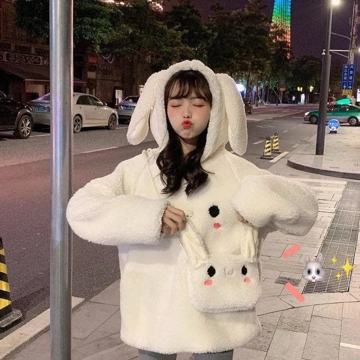Fluffy Sweater With Bunny Ears And Bag