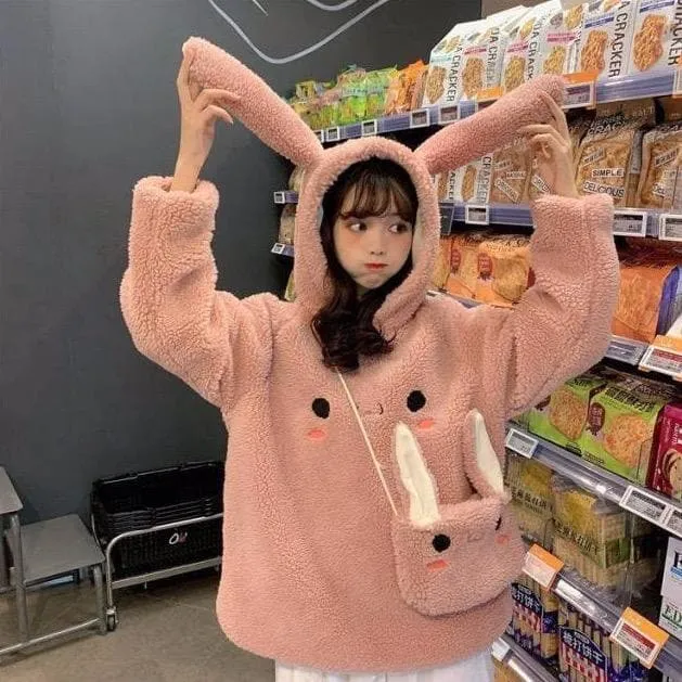 Fluffy Sweater With Bunny Ears And Bag