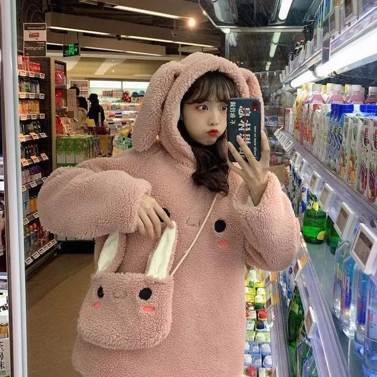 Fluffy Sweater With Bunny Ears And Bag